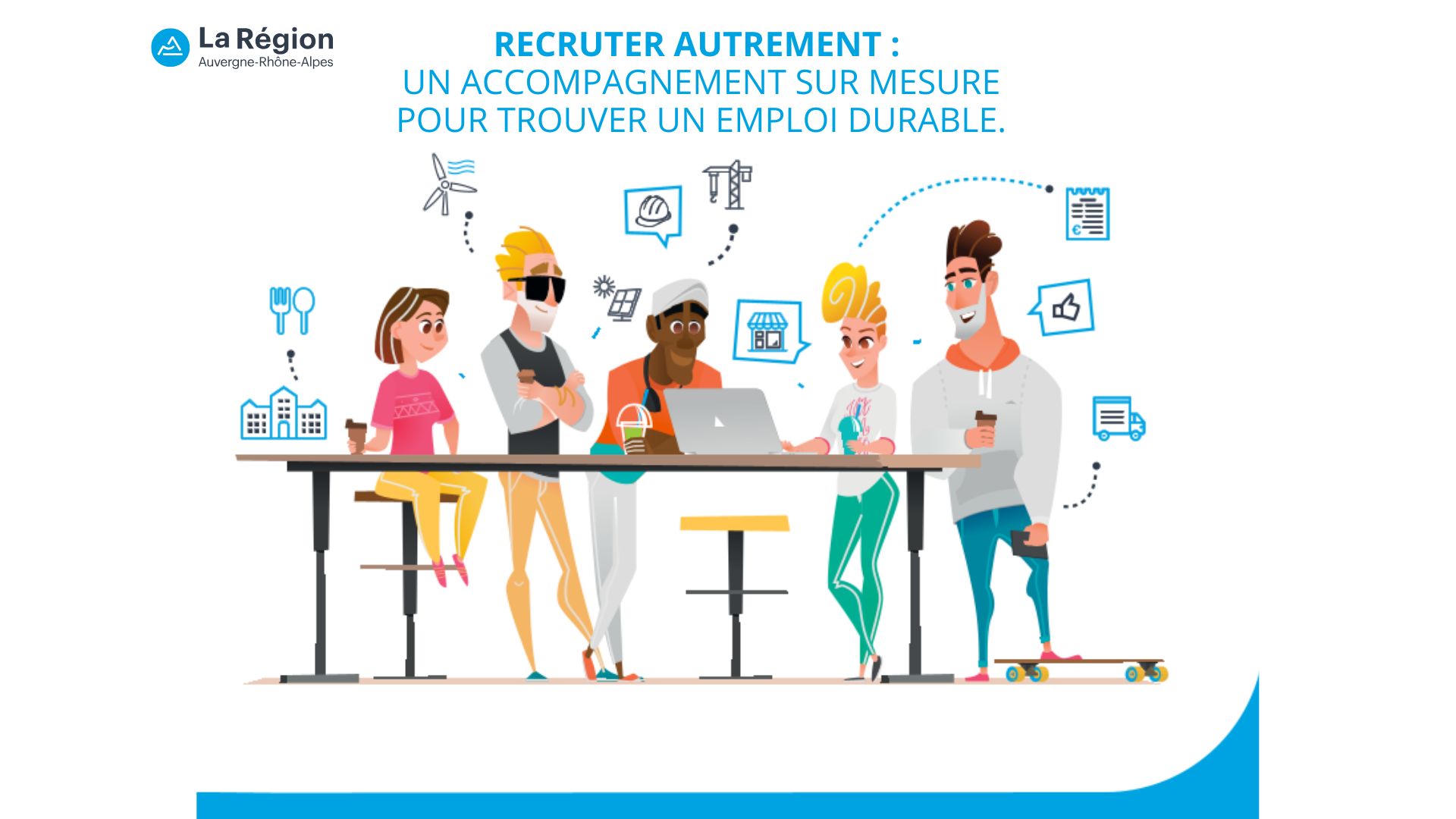 Des personnages derrière une table - visuel du flyer du dispositif recruter autrement